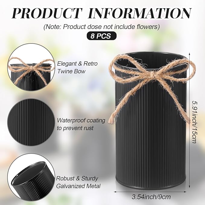 Domensi 5.91 in High Farmhouse Vase Decor Galvanized Metal Flower Vase with Twine Bow Vintage Rustic Tin Flower Buckets for Artificial Floral Table Container DIY(Black,8 Pcs)