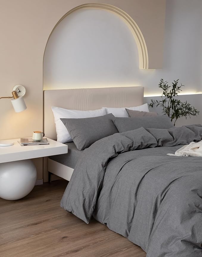 JIYUAN 100% Washed Cotton Duvet Cover Set 3 PCS Oversized King Plus, 1 Duvet Cover 128"x120"(Comforter Not Included) and 2 Pillowcases,Linen Feel Bedding Set Comfy and Breathable,Heathered Dark Grey