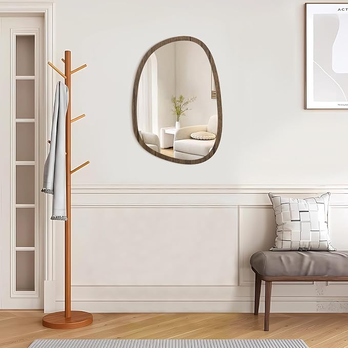Brown Irregular Mirror for Wall Decor Modern Asymmetrical Wooden Framed Wall Mirror Unique Shape Vanity Artistic Oval Mirror Decorative for Bedroom Bathroom Living Room Entryway Hallway Large
