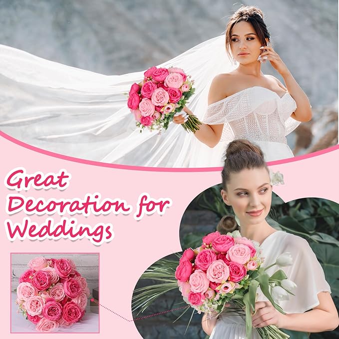 Olgaa 12 Bundles Peonies Artificial Flowers Artificial Peonies Silk Flowers Bulk Fake Peony Bouquet for Bridal Shower Decorations Wedding Table Centerpiece (Double Pink)