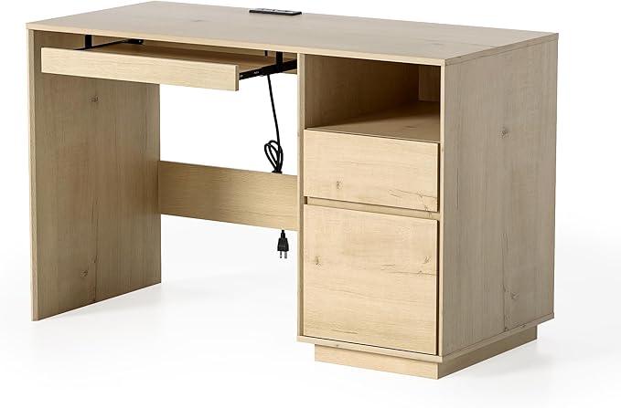 Farmhouse Computer Desk, 47" Home Office Desk with File Drawer & Open Storage & Power Outlet, Large Wooden Executive Desk for Study Writing, Light Oak