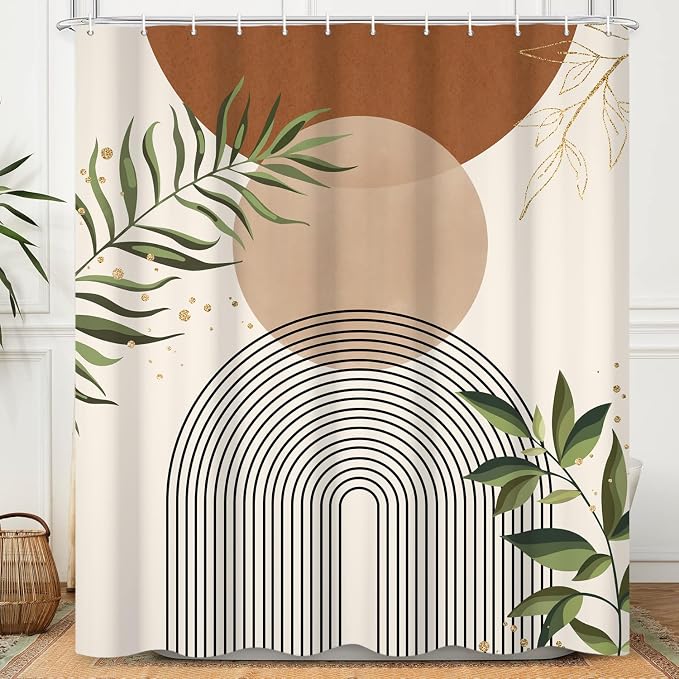 Boho Mid Century Shower Curtain, Brown Modern Minimalist Abstract Geometric Green Gold Plant Leaves Sun Arch Bathroom Curtains Waterproof Fabric Buthtub Curtain Set with Hooks 66" Wx72 L