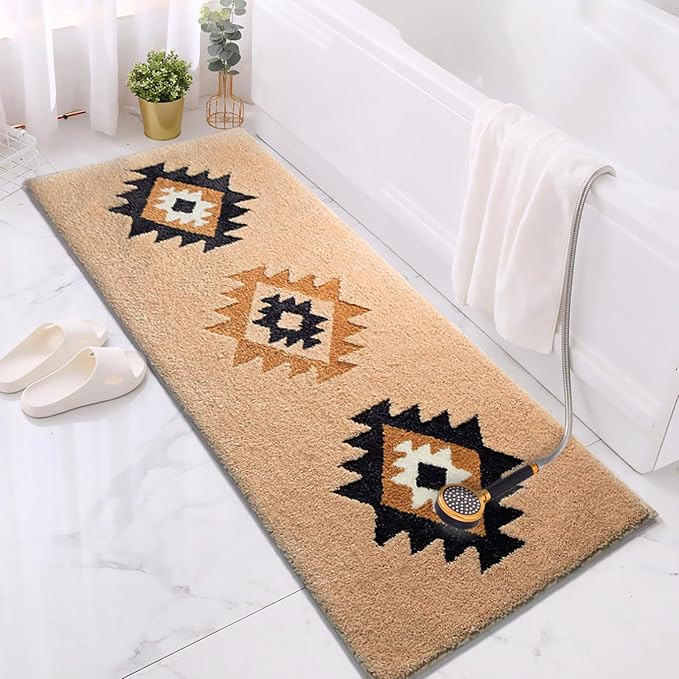 Boho Bathroom Rugs Runner 60x24 Inch Accent Long Non Slip Bohemian Area Runner Rug for Bathroom Tub Kitchen Entryway Laundry Bedroom Washable Bedside Rug Hallway Rug, Camel