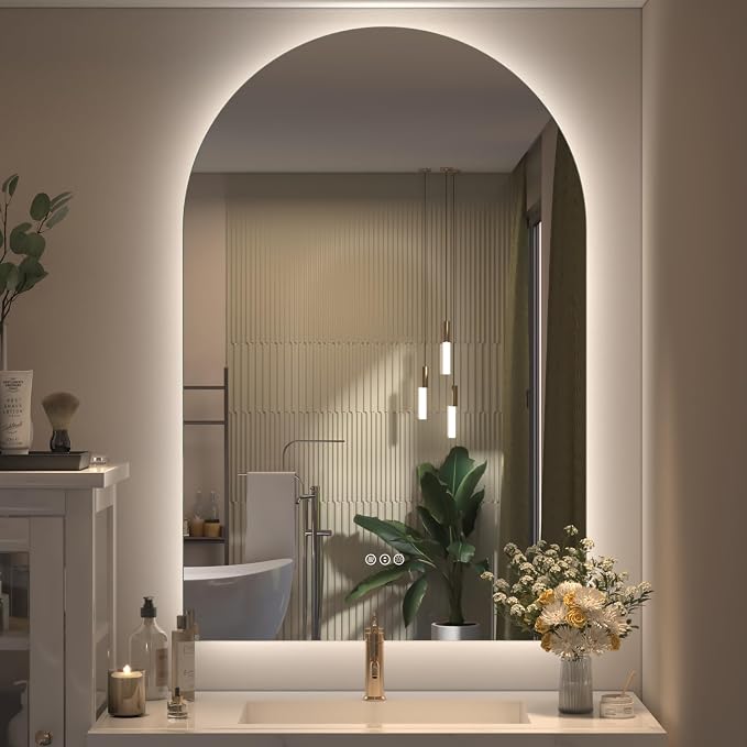 Backlit Arched LED Bathroom Mirror 40x28 Inch, Dimmable Arched LED Vanity Mirror with Lights, Anti-Fog, 3 Colors, Memory, ETL Listed