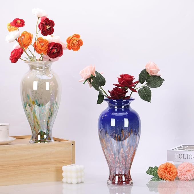 11.8" Tall Green Glass Vase Beautiful Hand Blown Glass Vase Modern Art Home Decor, Wide Mouth Colorful Vases for Mantle Dining Table Centerpiece, Entryway Living Room Wedding Decoration
