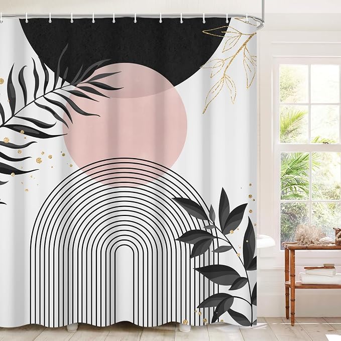 Boho Mid Century Shower Curtain,Black Pink Modern Minimalist Abstract Geometric Gold Plant Leaves Sun Arch Bathroom Curtains Waterproof Fabric Buthtub Curtain Set with Hooks 48" Wx72 L