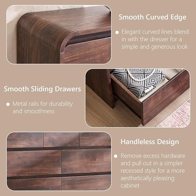 Modern 7 Drawers Dresser for Bedroom, 47" Wide Wood Dressers & Chests of Drawers w/Curved Profile Design, Mid Century Modern Dresser w/Natural Texture for Bedroom, Living Room, Brown