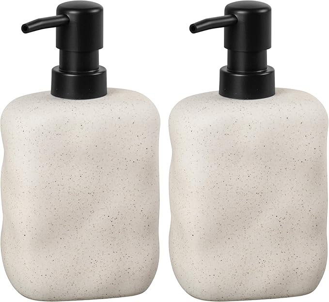 Modern Ceramic Soap Dispenser, Beige Speckled Finish, Black Pump Top, Refillable Liquid Container for Bathroom Kitchen (Beige, 2 Pack)