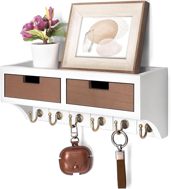 Rebee Vision Key Holder Wall Mount with 2 Drawer Organizer: Decorative 2-Color Mail Organizer for Wall with 6 Hooks - Farmhouse Home Organization for House Decor (White & Retro Brown)