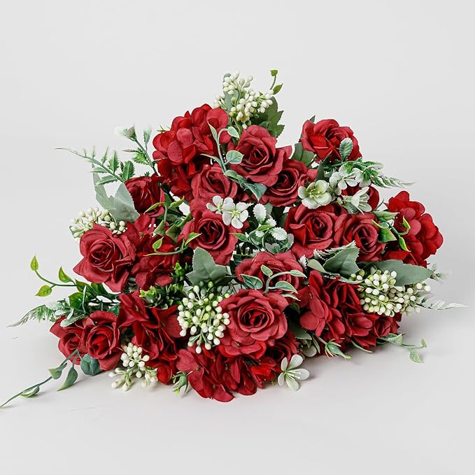 Artificial Flower 5 Branches Artificial Silk Fake Flowers Bouquet Small Roses for Wedding Home Office Tables Decor 4 Packs(Red)