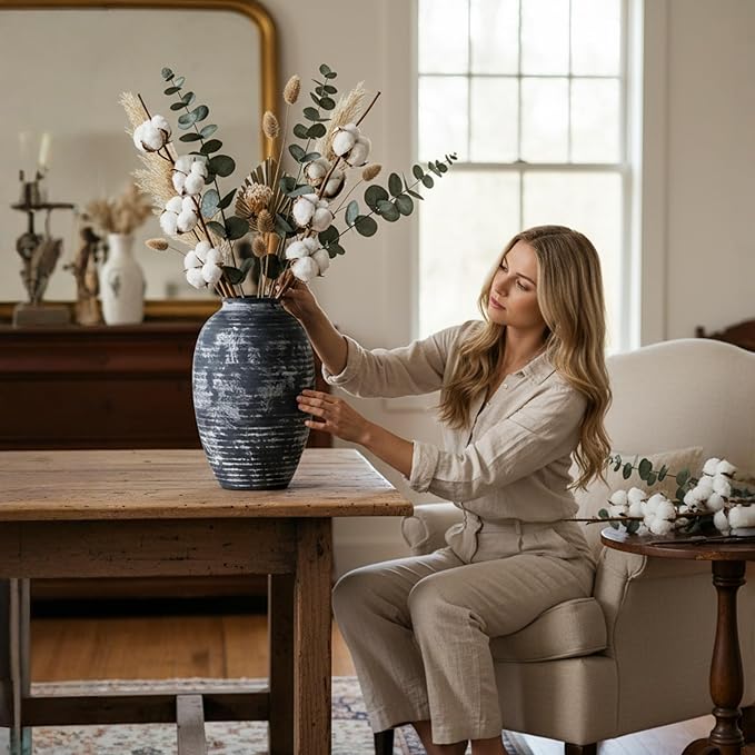 Farmhouse Rustic Ceramic Vase, 10.6 inch Gray-White Textured Modern Weathered Pottery Terracotta Vintage Vases for Home Decor Enterway Coffee Table Mantel Shelf Decorative (Tall - B)