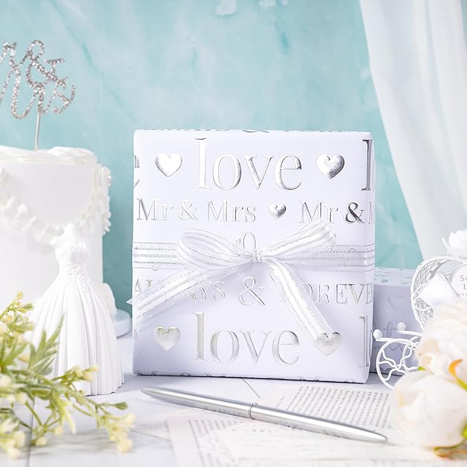RUSPEPA Wedding Wrapping Paper, Mini Roll, Silvery Gold Foil LOVE Design, Perfect for Wedding, Bridal Shower, Anniversary, Engagement, 17 Inches x 16.5 Feet