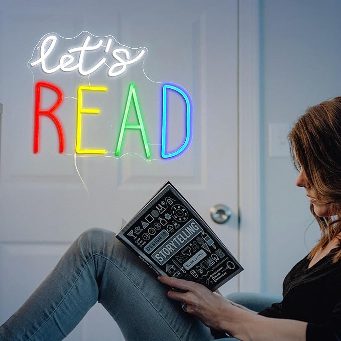 Let’s Read Neon Sign Multicolored Reading Led Neon Light Sign for Wall Decor Read Book Led Light Up Sign for Classroom Bookstore Reading Corner Home Wall Neon Decor (Dimmable USB)