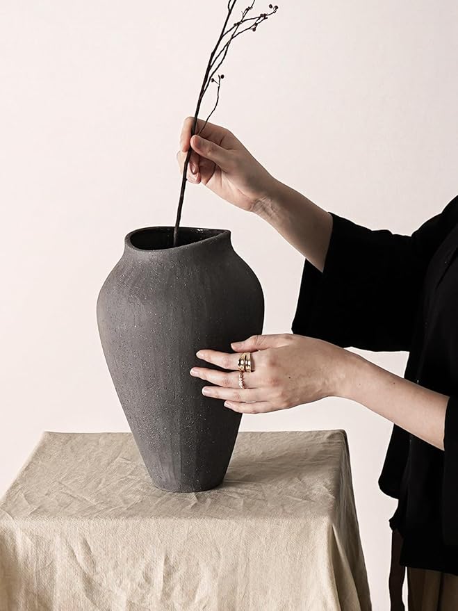 Ceramic Vase - Large 11.8 Inch Tall Floor Vase for Centerpieces, Farmhouse Rustic Minimalist Home Decor for Living Room, Enterway, Wedding (Sandstone Dark Gray)