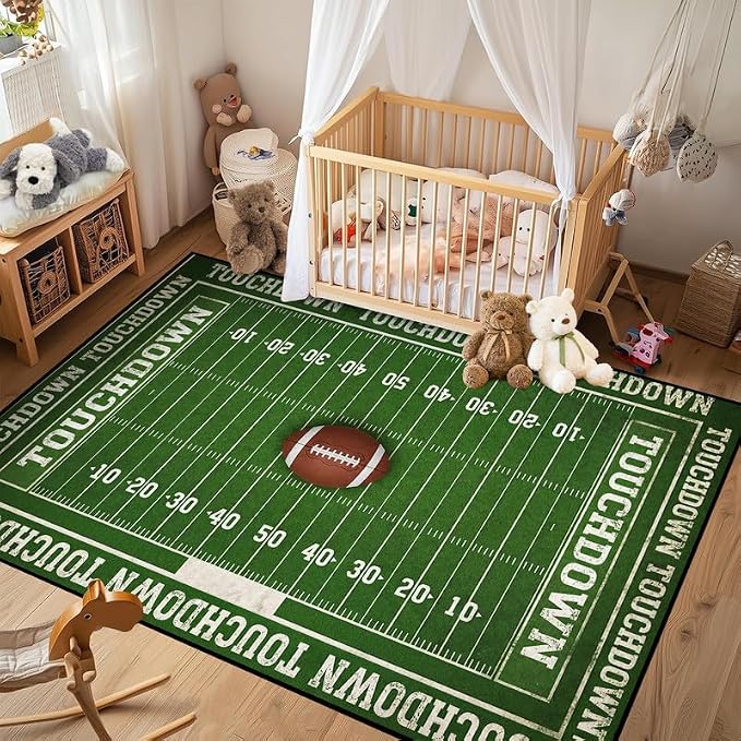 3'x5' Football Field Area Rug Sports Themed Carpet for Nursery Bedroom Playroom Classroom Entryway Living Room Home Decor Non Slip Washable Game Room Play Mat