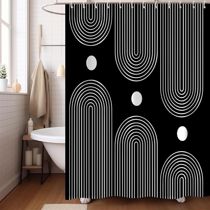 Black and White Extra Long Shower Curtain, Boho Minimalist Mid Century Modern Arch Geometric Machine Washable Waterproof Fabric for Bathroom Bathtub Decor with Hooks 72Wx78H