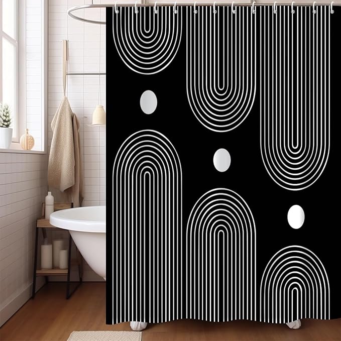 Black and White Shower Curtain, Boho Minimalist Mid Century Modern Arch Geometric Machine Washable Waterproof Fabric for Bathroom Bathtub Decor with Hooks 72x72