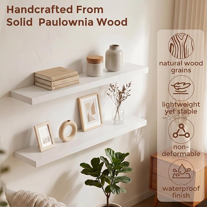 fuqing 40 Inch Floating Shelves | 6.7 Inch Deep White Shelves for Wall Set of 2 | 40''W x 6.7''D x 1.4''H White Wood Shelves for Living Room Bathroom Bedroom Kitchen Home Office