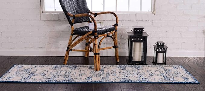Unique Loom Bromley Collection Area Rug - Wells (2' x 13' 1" Runner, Ivory and Blue/ Ivory)