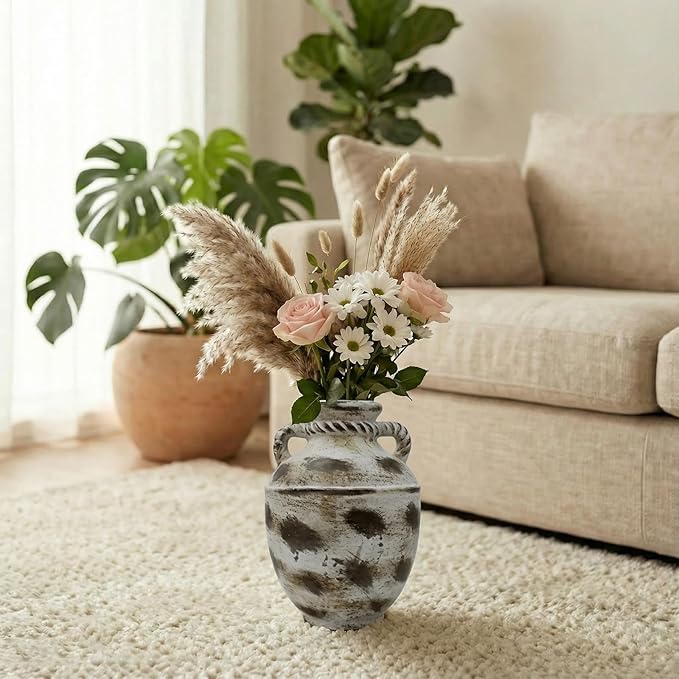 Rustic Ceramic Flower Vase Home Decor, 11 inch Large Pottery Decorative Vase for Centerpieces, Modern Farmhouse Vintage Vase for Dining Table, Living Room,Kitchen, Shelf (Round)