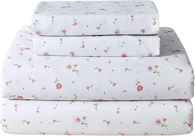 Softan Pink Floral Full Sheet Set Flower Printed Bed Sheets Double - 4 Piece Microfiber Patterned Fitted Bed Sheets with 15" Deep Pocket & Straps, Cozy Cute Pink Sheets and Pillowcase Set