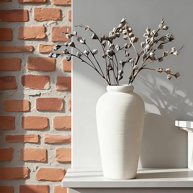 Large Ceramic Vase, 11 inch Minimalist Vase for Home Decor, Handmade Farmhouse Flower Vase for Table Centerpiece, Wedding, Living Room, Kitchen Decoration, Shelf Decor (Rice White)