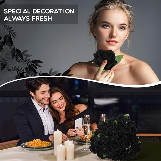 Jexine 50 Pcs Artificial Rose Flower Bulk Realistic Silk Fake Roses with Long Stem Plastic Artificial Flower Bouquet Real Looking for Home Wedding Centerpieces Party Decoration(Black)