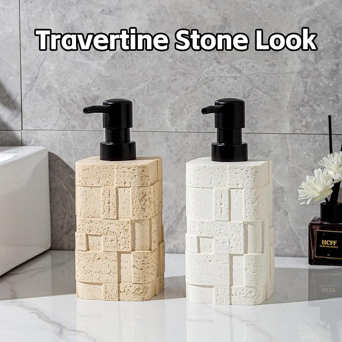Soap Dispensers 400mL 13.5 OZ, 2 PCS Luxurious Hand Dish Lotion Shampoo Soap Dispenser Jar, Travertine Stone Look Soap Pump Bottles for Kitchen Bathroom Countertop (White)