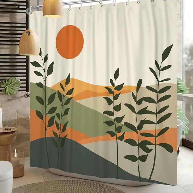 Boho Mid Century Shower Curtain for Bathroom Modern Abstract Sun Botanical Leaves Bath Curtain Neutral Minimalist Plant Waterproof Fabric Bathroom Decor Set with Hooks 48x72 inch