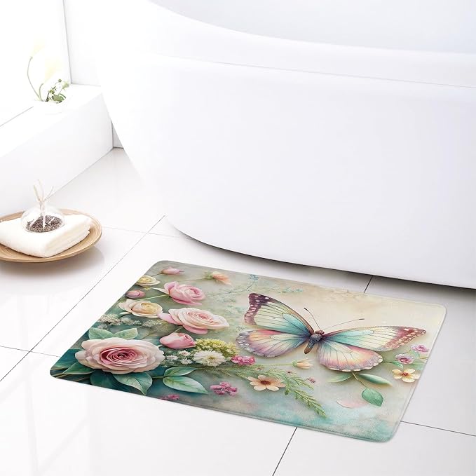 LB Spring Floral Bath Mat for Bathroom 24x16 inches- Pink Rose Flower Aesthetic Butterfly Rustic Sage Green Leaf Doormat- Memory Foam Non Slip Absorbent Rug for Living Room Floor Bedroom Door Front