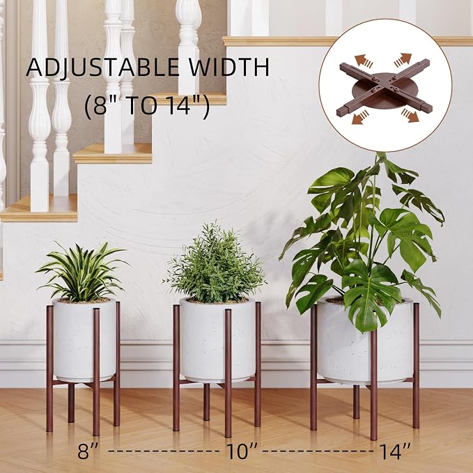 Adjustable Metal Plant Stand Indoor, Fits 8-14 Inch Pots, Mid Century Modern Planter Holder,2 Heights, Heavy Duty 160 lb, Indoor Outdoor Corner Floor Pot Stand, Coffee with Round Plate
