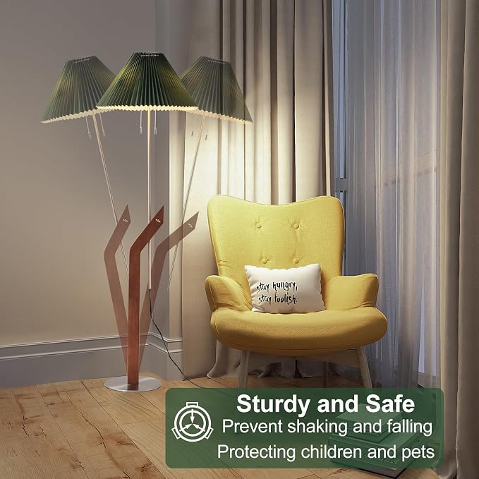 Mid Century Modern Wood Floor Lamp, Green Pleated Lampshade | Height Adjustable, Living Room, Study Room, Bedroom, Office,Sand Nickel,Tall Standing Dual Lamp Heads