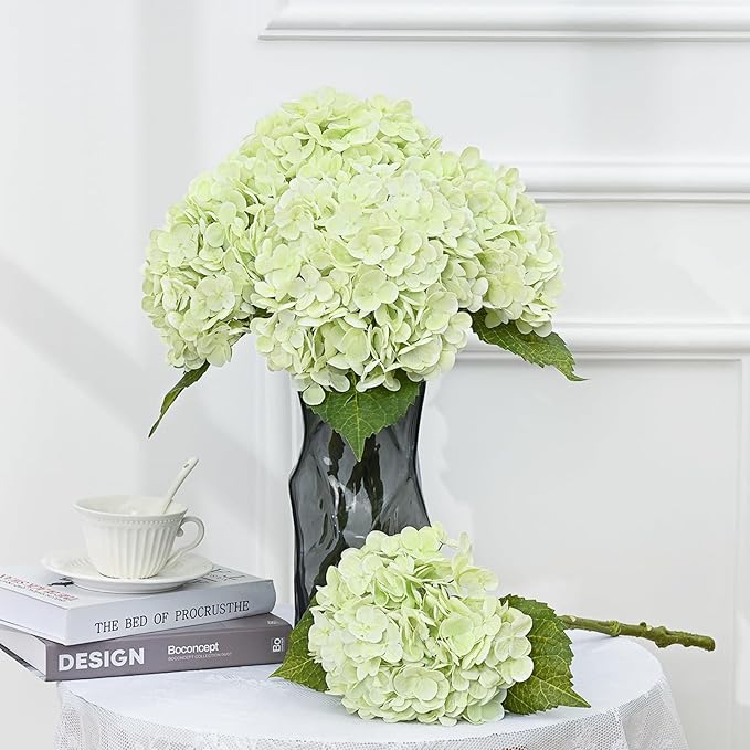 MARTINE MALL 4Pcs 21in Hydrangea Artificial Flowers, Latex Real Touch Hydrangeas Lifelike Large Hydrangea Flowers for Home Decor Party Arrangements Wedding Bouquets Centerpieces (2White&2Light Green)