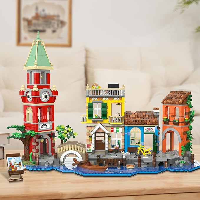 Venice Main Street Building Set for Adults, 2155 PCS City House Building Block Kit with Light Flower Shop Pizzeria, Christmas Home Decor Architecture Model Gift for Women Men Teen Girl 10+