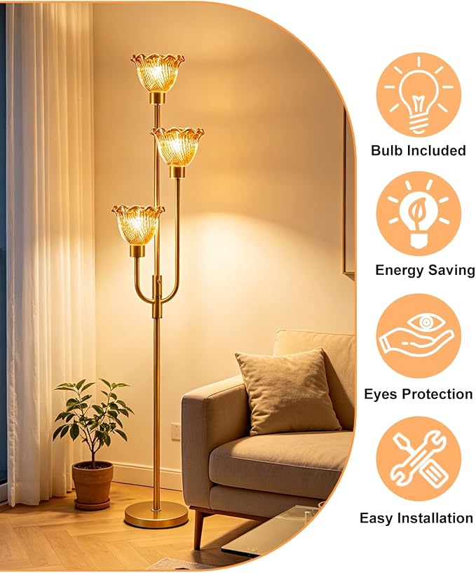 Lightdot 3-Lights Glass Floor Lamp 66IN Modern Gold Dimmable Floor Lamps with 3000K Warm White Bulbs for Wedding Party Tall Standing Lamp with Amber Glass Shade for Living Room/Bedroom/Home Decor