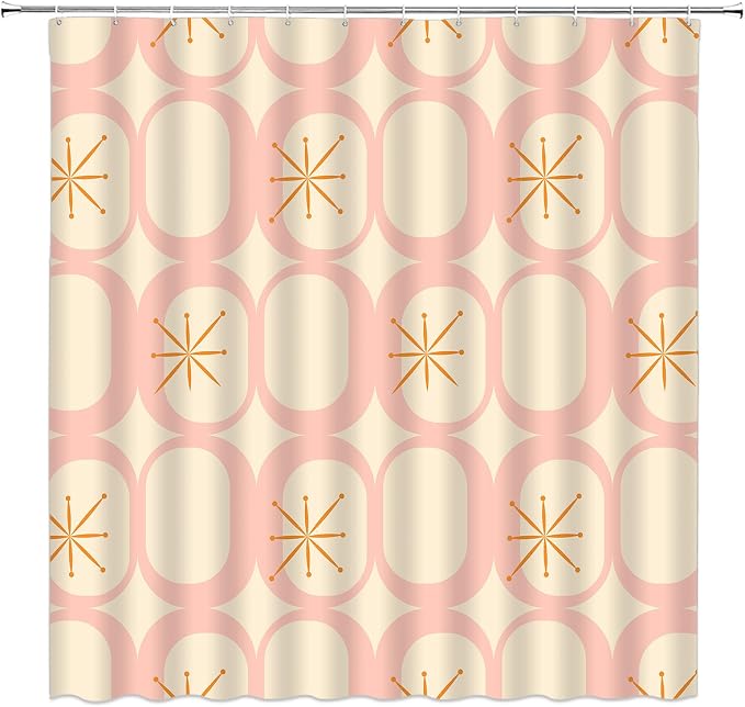 Mid Century Shower Curtain Modern Abstract Atomic Round Squares Retro 50s Geometric Bathroom Decor Polyester Curtains with Hooks