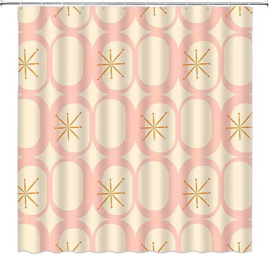 Mid Century Shower Curtain Modern Abstract Atomic Starbursts Squares Retro 50s Geometric Bathroom Decor Polyester Curtains with Hooks