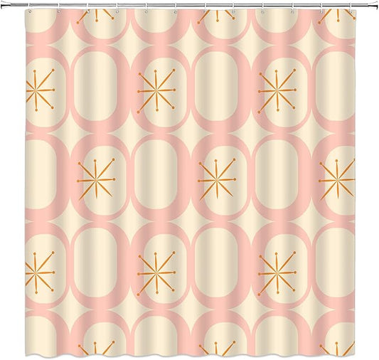 Mid Century Shower Curtain Modern Abstract Atomic Starbursts Squares Retro 50s Geometric Bathroom Decor Polyester Curtains with Hooks