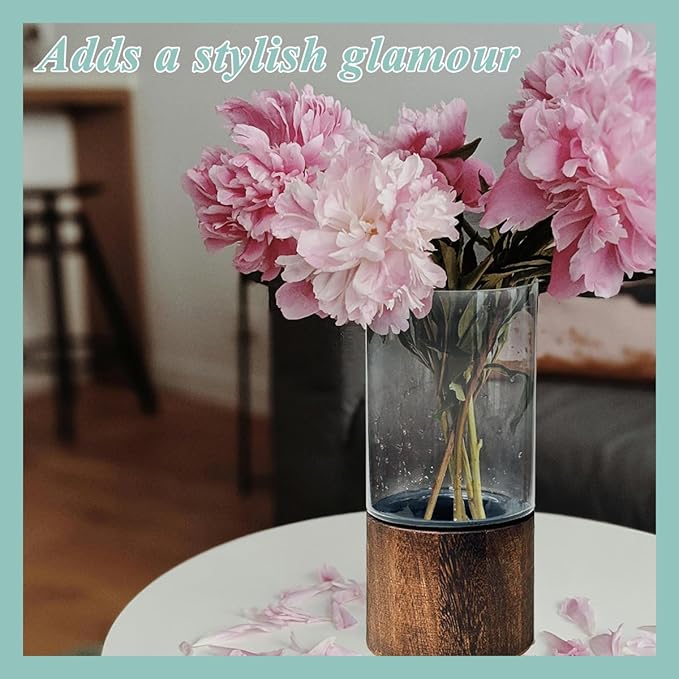 Bohemian Art Black Wooden Glass Vase 10 Inch Tall Glass Flower Vase Cylindrical Wooden Base Vases Plant Vases Minimalist Birthday Party Decoration Wedding Kitchen Office Decoration