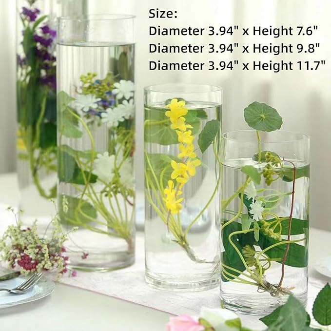 3 Pcs Acrylic Clear Cylinder Flower Vase for Plants Bouquet, Unbreakable Hurricane Tall Large Plastic Vases for Wedding Centerpieces, Hydroponic Decor Base Set of 3 (H 8" + H 10" + H 12" No Flowers)