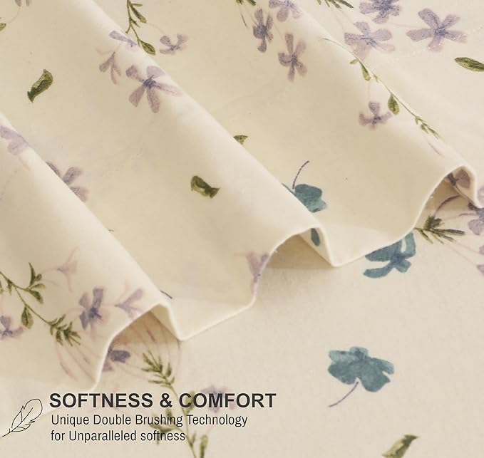 RUVANTI Flannel Sheets Full Size - 100% Cotton Double Brushed Bed Sheets Set, Deep Pockets 16 Inches, All Seasons Breathable & Extra Soft Full Sheets, Warm & Cozy, 4 Piece, Jasmine Stamp Cream
