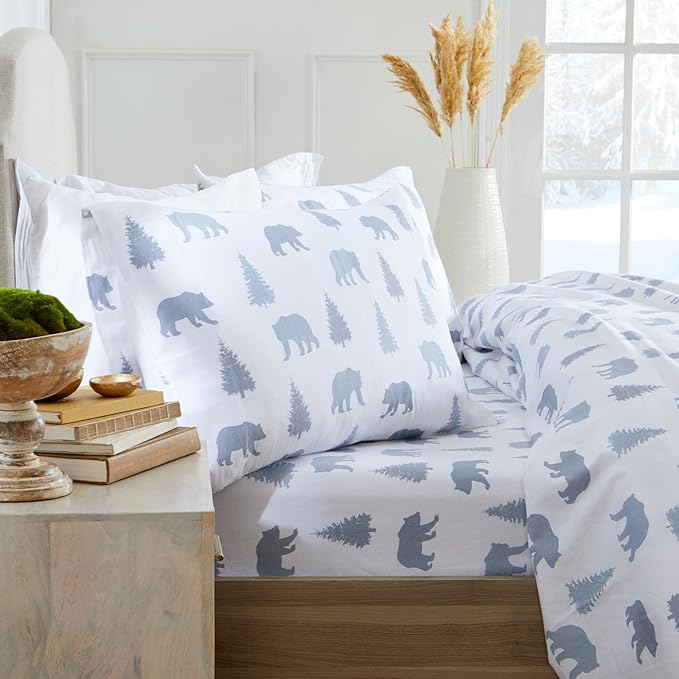 Market & Place 100% Turkish Cotton Flannel Sheet Set | 3 Piece Deep Pocket Novelty Cozy Winter Bed Sheets | Double Brushed for Extra Softness & Comfort | Alpine Collection (Twin, Grey Bears)