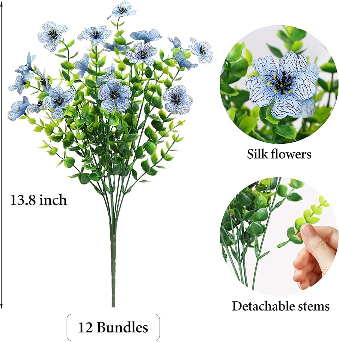 Artificial Flowers Outdoor Faux Plants UV Resistant Fake Patio Flowers Plastic Greenery Plnats Outside Bulk for Spring Garden Hanging Planter Home Vase Decor, 12 Bundles (Blue)