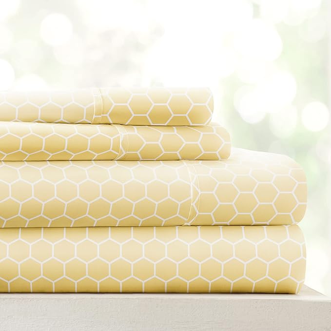 Linen Market Patterned Microfiber Queen Sheet Set 4 Piece – Oeko-TEX Certified Ultra Soft & Wrinkle-Free - 16" Deep Pocket Sheets - Easy Care Queen Size - Honeycomb Yellow