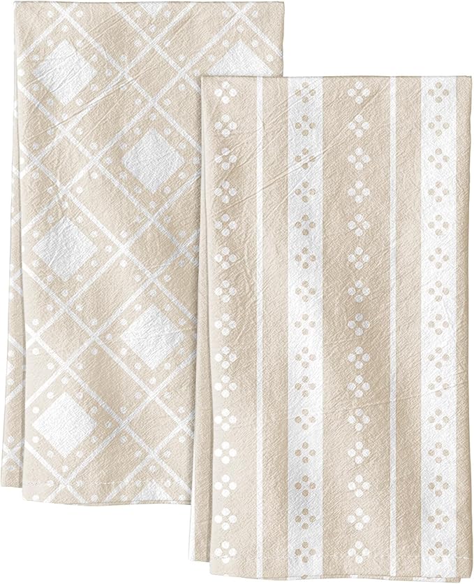 Miss Adola 2 Pack Flour Sack Kitchen Towels - 16x26 Inch Cotton Dish Towels with Hanging Loop Reusable Geometric Boho Modern Tea Towel Absorbent Dishcloths Home Decor, Beige Bohemia