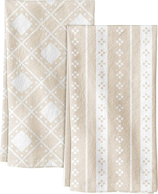 Miss Adola 2 Pack Flour Sack Kitchen Towels - 16x26 Inch Cotton Dish Towels with Hanging Loop Reusable Geometric Boho Modern Tea Towel Absorbent Dishcloths Home Decor, Beige Bohemia