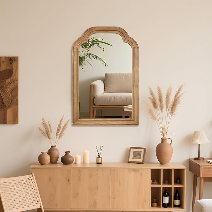 Wood Bathroom Mirror for Wall, 24 x 16 Inch Decorative Wall Mirror with Rustic Wooden Frame for Living Room, Vanity, Bedroom, Entryway, Farmhouse