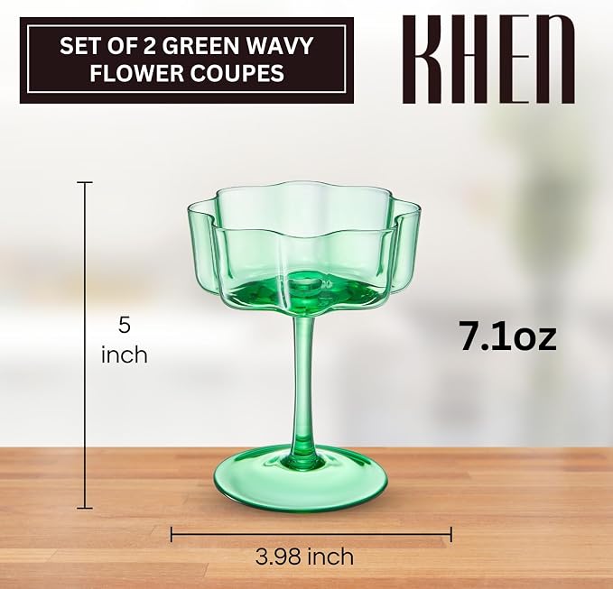 Flower Scalloped Vintage Wavy Petals Wave Glass Coupes 7oz Colorful Martini, Champagne & Cocktails, 2 Sage Green Set Amber Rippled Champagne Glasses, Elegant Bar Glassware, Aesthetic Coupe Glassware
