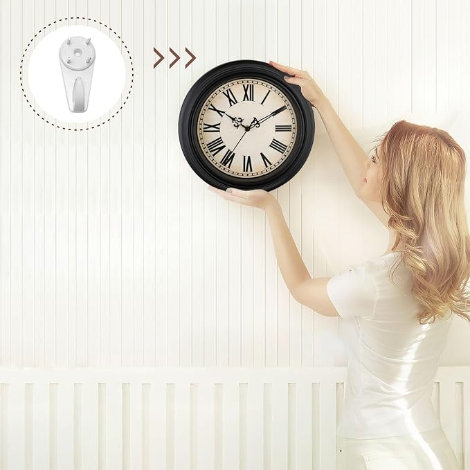 Plumeet Retro Wall Clock, 12'' Non Ticking Classic Silent Vintage Wall Clocks Decorative Kitchen Living Room Bedroom, Roman Numerals, Battery Operated, Black