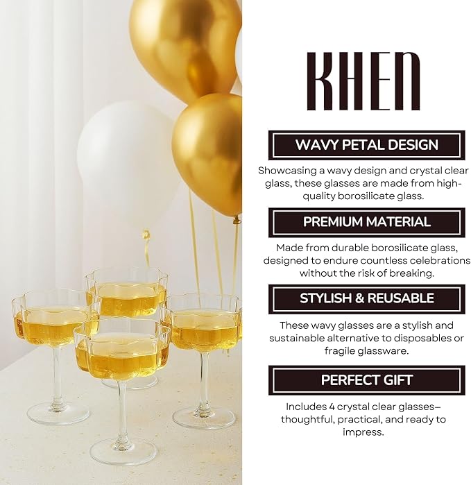 Flower Scalloped Vintage Wavy Petals Wave Glass Coupes 7oz Colorful Martini, Champagne & Cocktails, 4 Set Clear Rippled Champagne Glasses, Elegant Bar Glassware, Unique Aesthetic Coupe Glassware Gifts